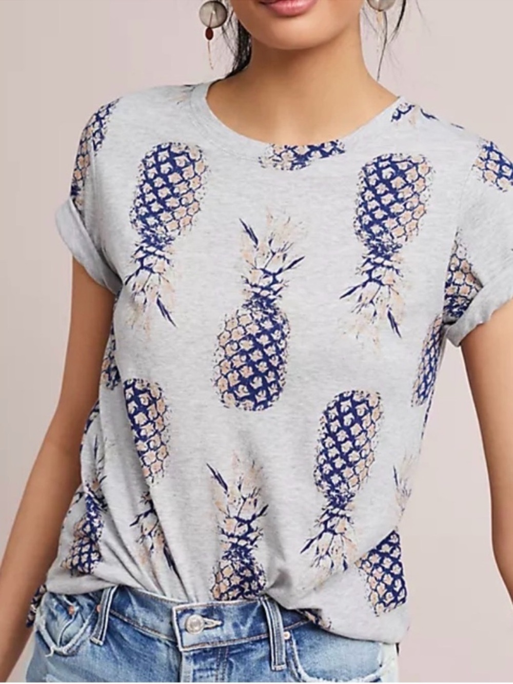 Anthropologie Postmark Pineapple Rolled Cuff Tee Casual Preppy Quirky Size S